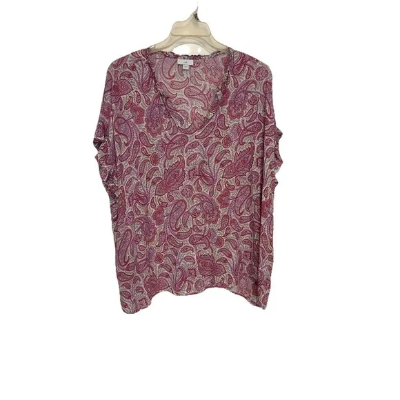 J Jill Pink Purple Paisley Print Blouse Size 3x Boho Split Neck Rayon - Picture 3 of 9